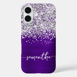 Funkelndes Silber Glitter Indigo Lila Glam Name iPhone 16 Hülle