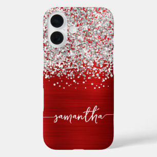 Funkelndes Silber Glitter Rot Glam Name iPhone 16 Hülle