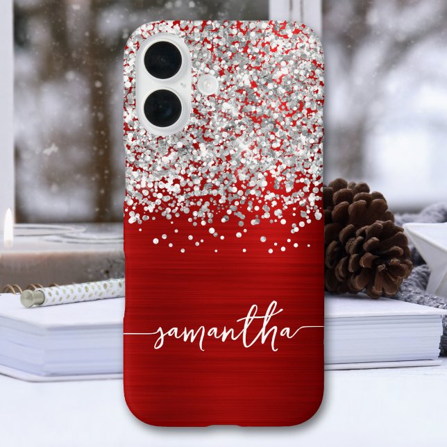 Funkelndes Silber Glitter Rot Glam Name Case-Mate iPhone Hülle (Sparkly Silver Glitter Red Glam Name Case-Mate iPhone Case)