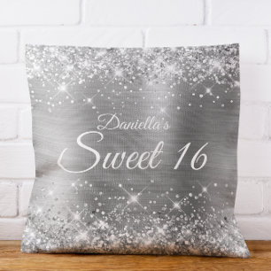 Funkelndes Silber Glitter und Folie Sweet 16 Kissen