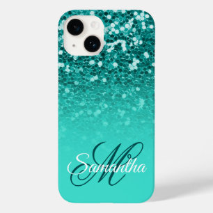 Funkelndes Türkis Glitter Türkis Ombre Monogramm Case-Mate iPhone 14 Hülle
