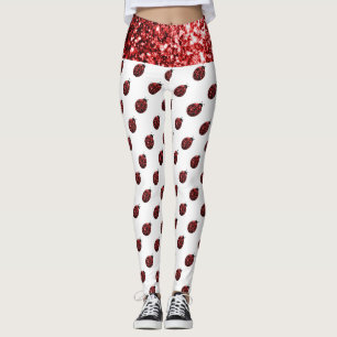 Funkelrote Glitzern-Ladybug-Muster auf weiß Leggings