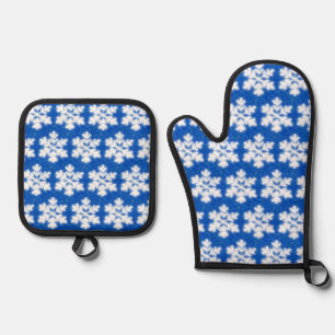 Funkelweiße Schneeflocken blauer Hintergrund Ofenhandschuh & Topflappen-Set