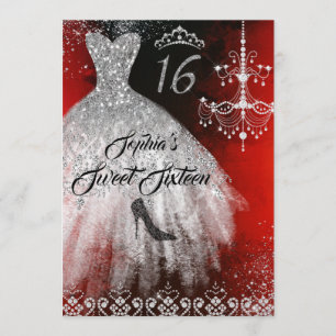 Funken Diamant Kleid Rot Silber Schwarz Sweet 16 Einladung