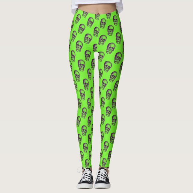 Funky 80er Neon Green Skull Muster Gym Yoga Leggings (Vorderseite)