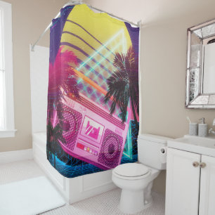 Funky 80er rosa Boombox mit Palmen Duschvorhang