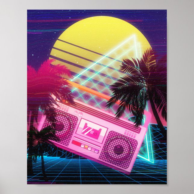 Funky 80er rosa Boombox mit Palmen Poster (Vorne)