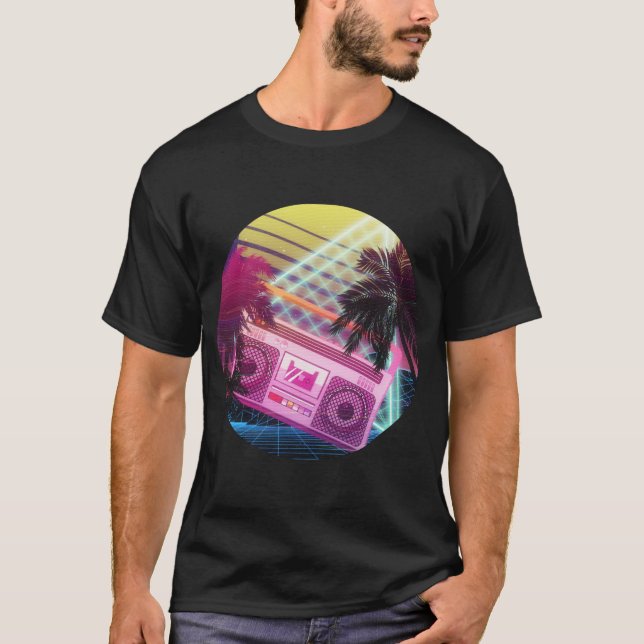 Funky 80er rosa Boombox mit Palmen T-Shirt (Vorderseite)