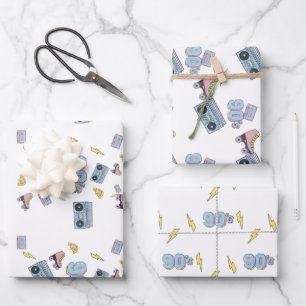 Funky 90's Thema Geburtstag Geschenk Set von 3 Geschenkpapier Set