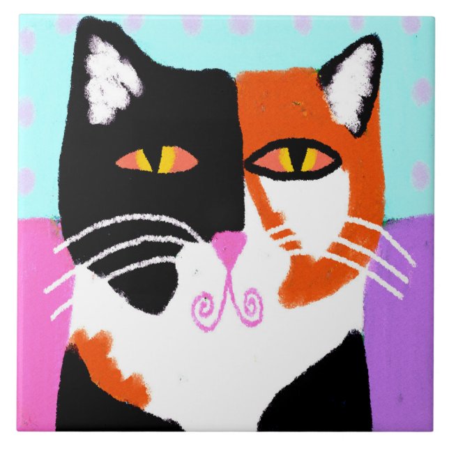 Funky Abstrakt Art Calico Cat Fliese (Vorderseite)