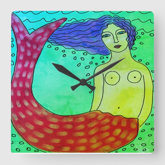 Funky Abstrakt Art Mermaid Quadratische Wanduhr (Vorderseite)