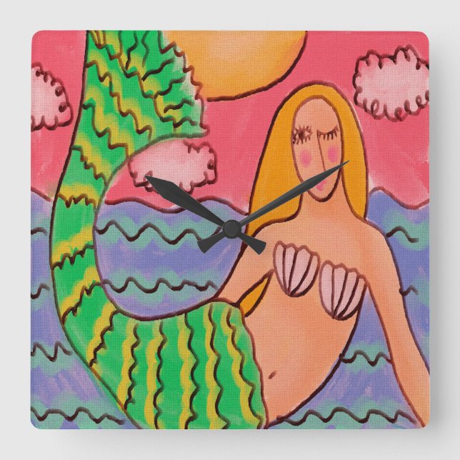 Funky Abstrakt Art Mermaid Square Wall Clock Quadratische Wanduhr (Vorderseite)