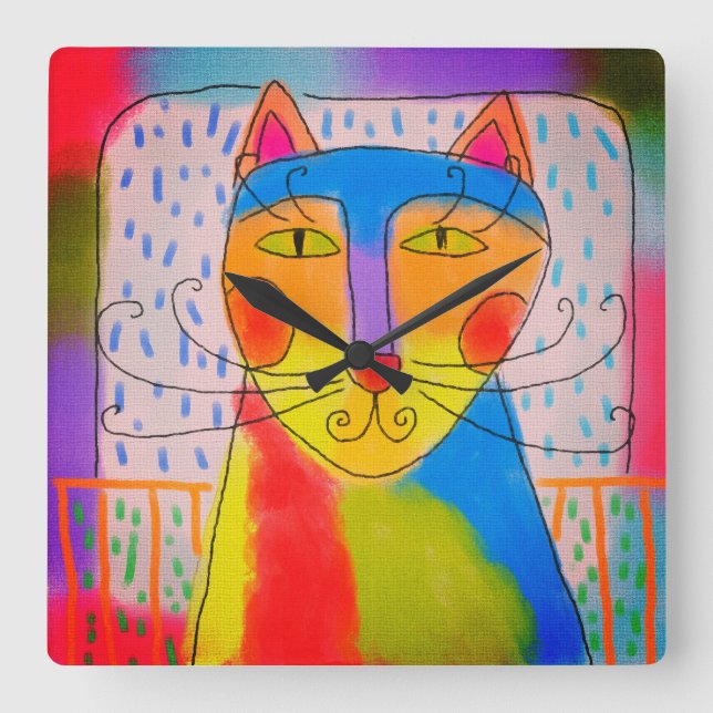 Funky Abstrakt Cat Art Quadratische Wanduhr (Vorderseite)