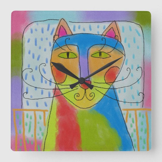 Funky Abstrakt Cat Art Square Wall Clock Quadratische Wanduhr (Vorderseite)