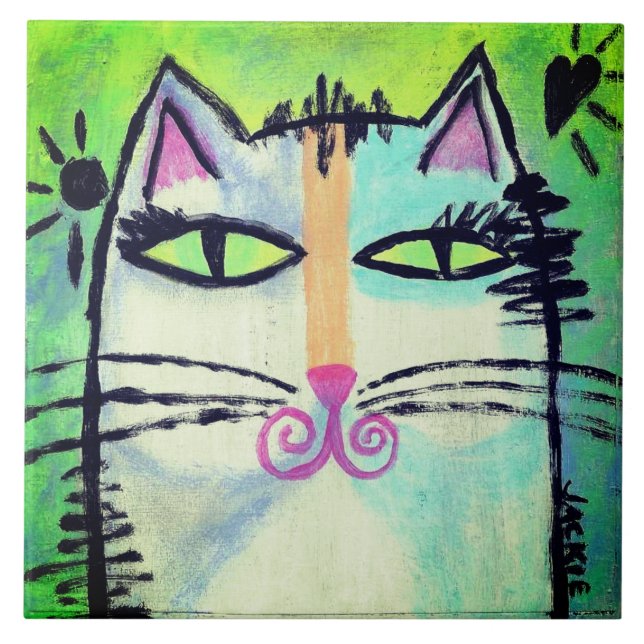 Funky Abstrakt Cat Painting Fliese (Vorderseite)
