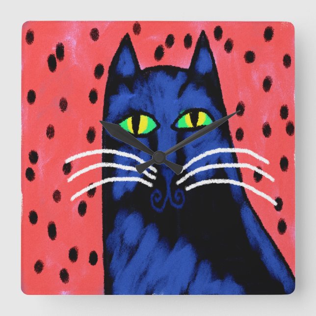 Funky Abstrakt Cat Painting Quadratische Wanduhr (Vorderseite)