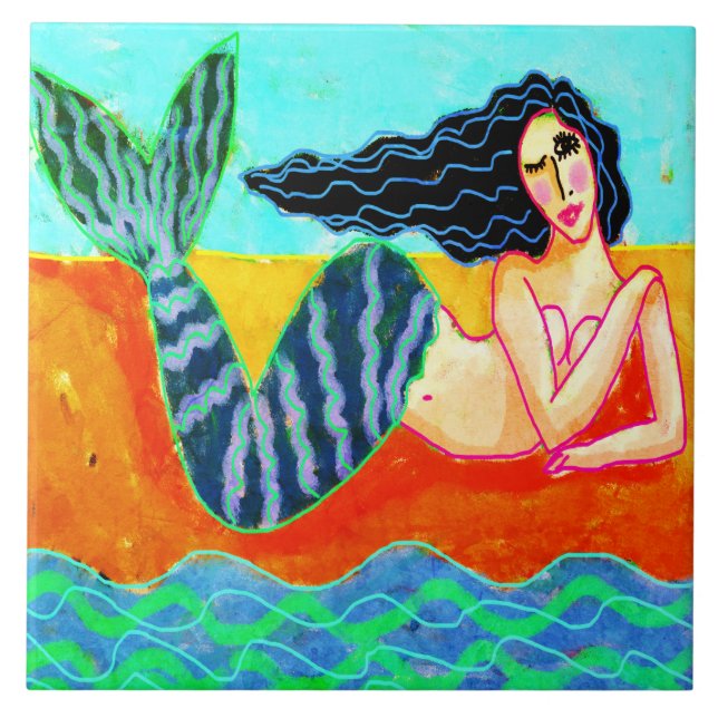 Funky Abstrakt Mermaid Painting Fliese (Vorderseite)