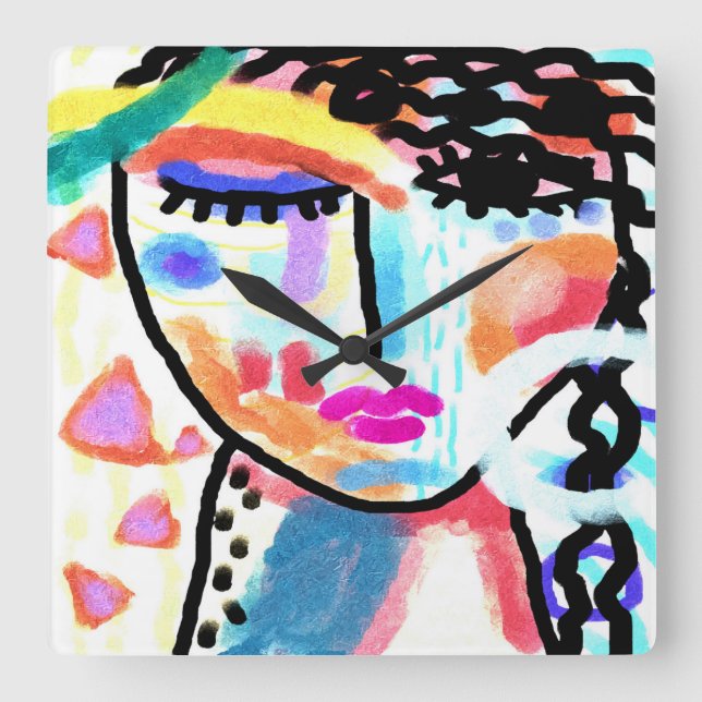 Funky Abstrakt Portrait einer Frau Quadratische Wanduhr (Vorderseite)