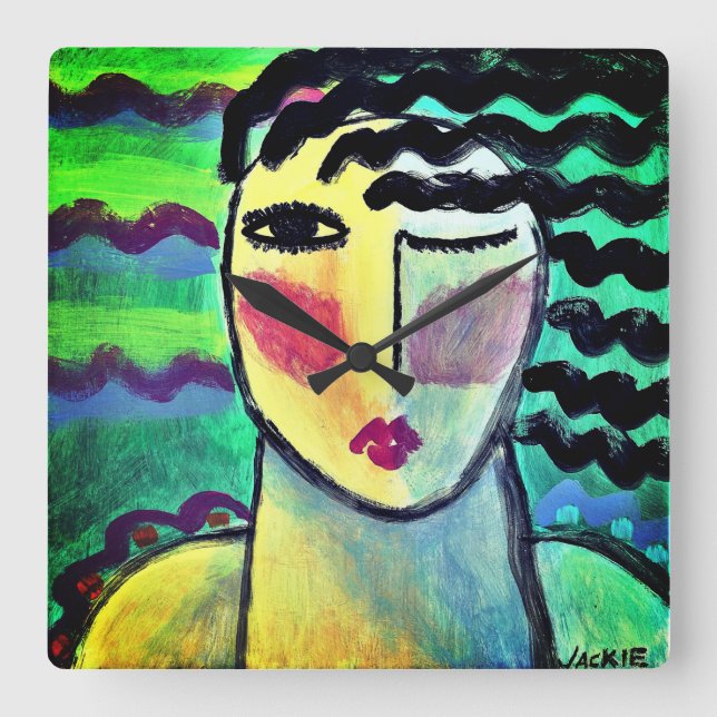 Funky Abstrakt Portrait einer Frau Quadratische Wanduhr (Vorderseite)