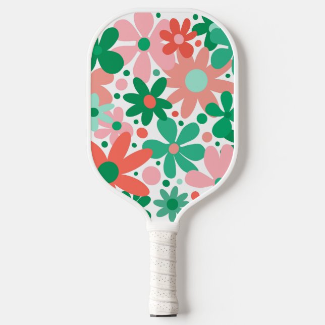 Funky, abstrakte Blume in Rosa, Grün und Korallen Pickleball Schläger (Vorderseite)