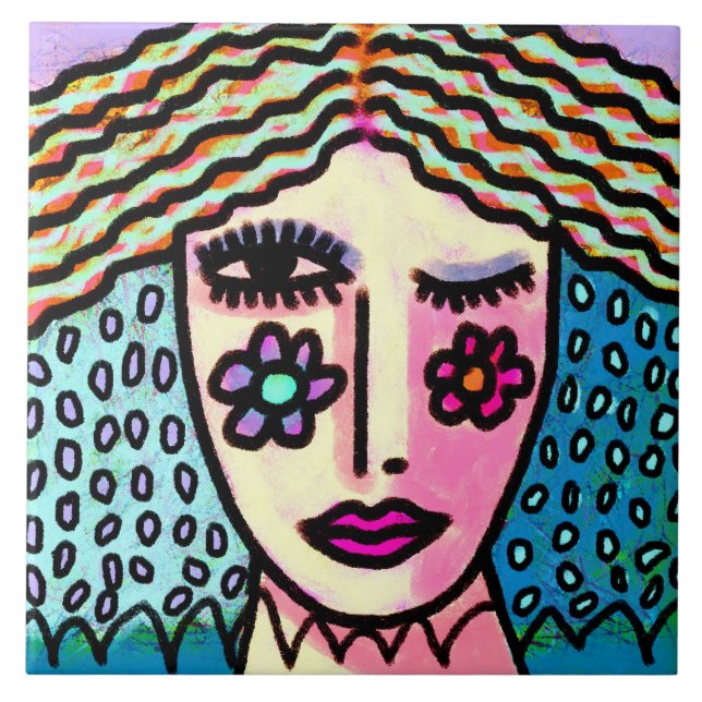 Funky Abstraktes digitales Portrait einer Frau Fliese (Vorderseite)