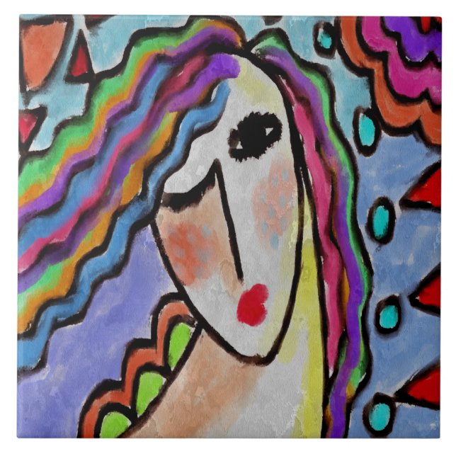 Funky Abstraktes Frauenportrait Fliese (Vorderseite)