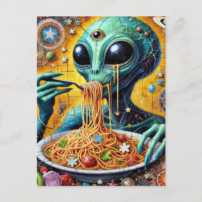 Funky Alien Eating Spaghetti Postkarte (Vorderseite)