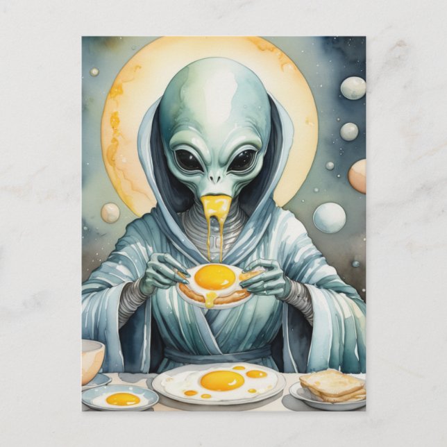 Funky Alien Eats Fried Eggs Runny Yolks Wassercolo Postkarte (Vorderseite)