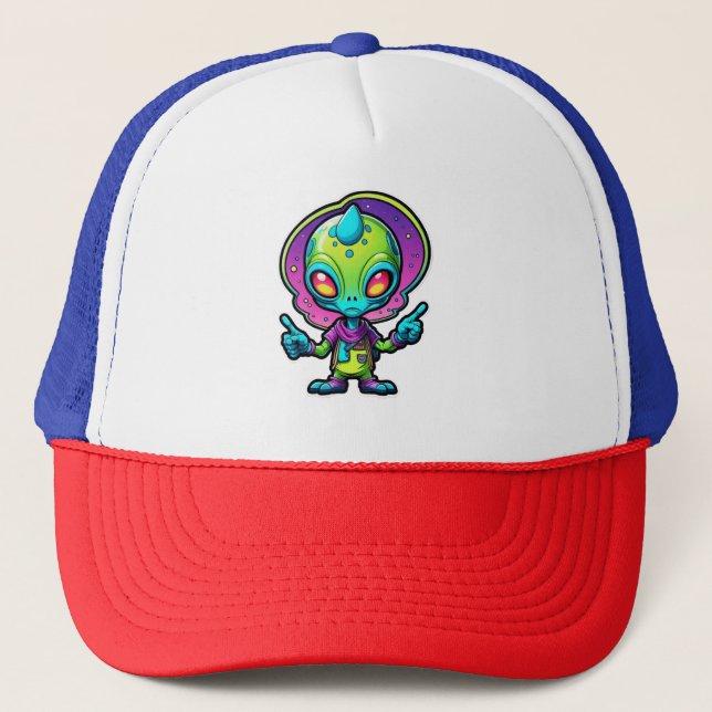 Funky Alien Peace Sign Design Truckerkappe (Vorderseite)