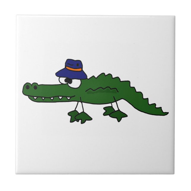 Funky Alligatortragender Fischen-Hut-Cartoon Fliese (Vorderseite)