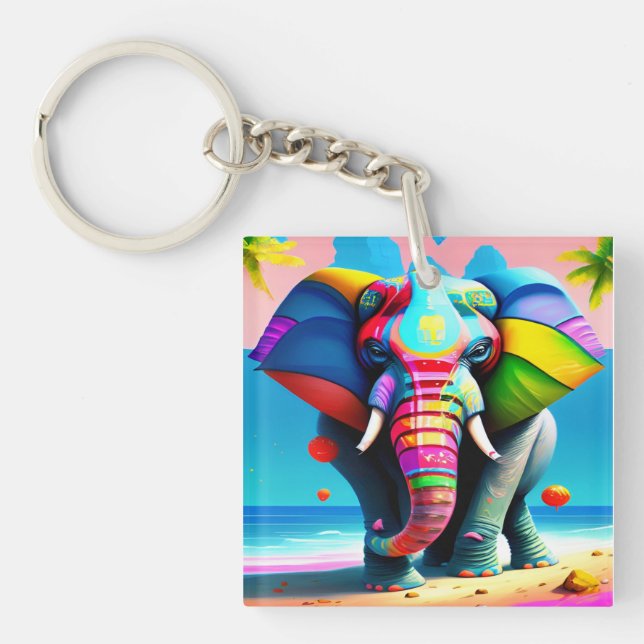 Funky and Playful Rainbow Elephant Print Schlüsselanhänger (Vorderseite)
