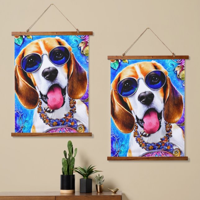 Funky Beagle Dog Wandteppich Mit Holzrahmen (Asymmetrisch)