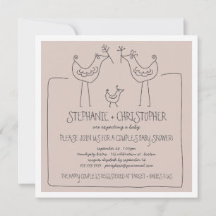 Funky Birds Modern Family Couples Baby Shower Tan Einladung