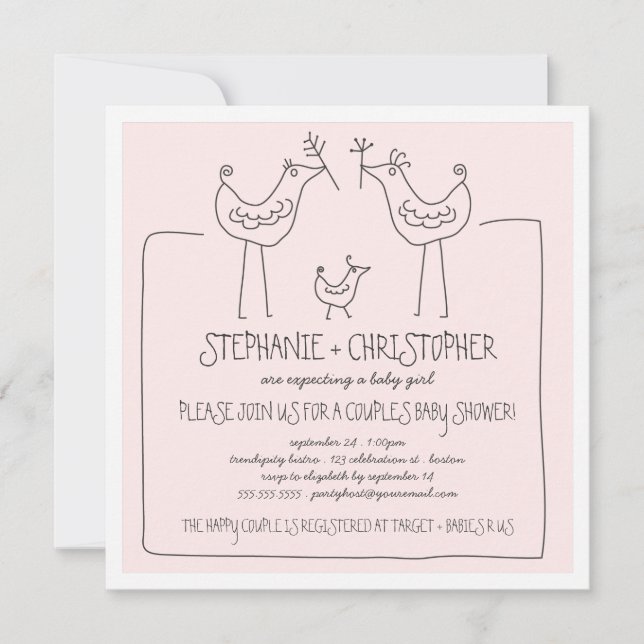 Funky Birds Moderne Familienpaare Girl Baby Dusche Einladung (Vorderseite)