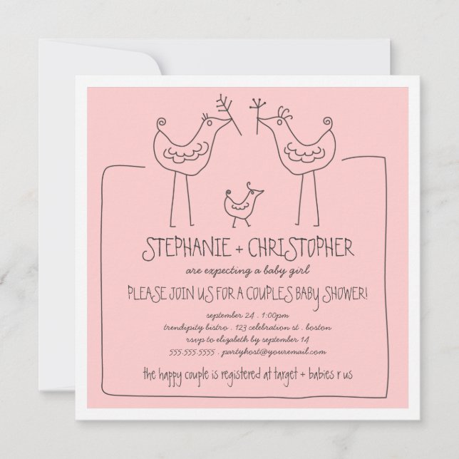 Funky Birds Moderne Familienpaare Girl Baby Dusche Einladung (Vorderseite)