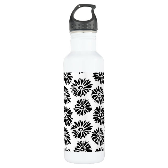 Funky Black and White Floral Edelstahlflasche (Vorderseite)