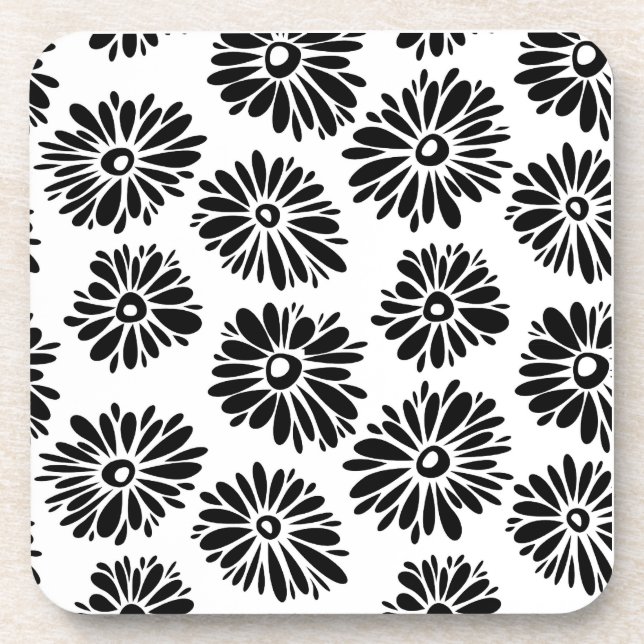 Funky Black and White Floral Getränkeuntersetzer (Vorderseite)