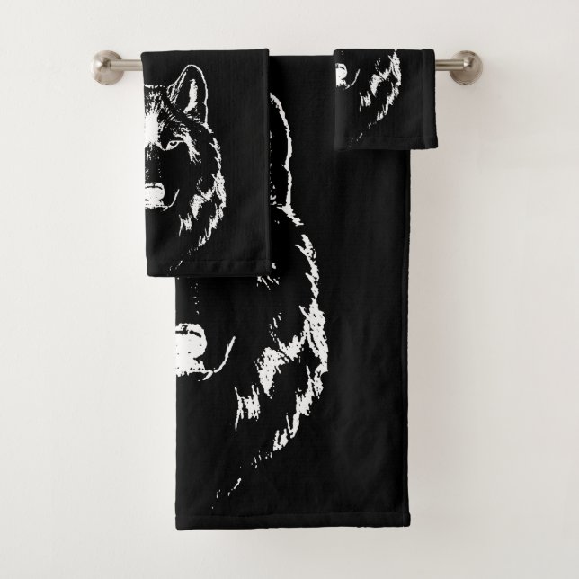 Funky Black and White Wolf Face Kopfskizze Badhandtuch Set (Insitu)
