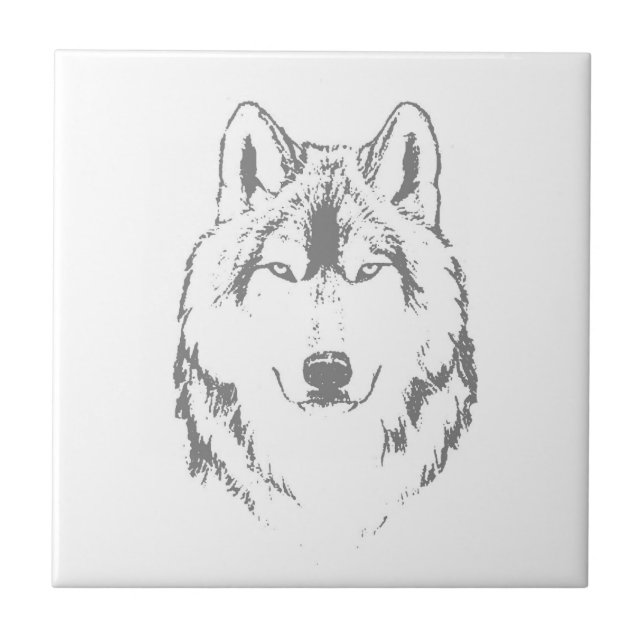 Funky Black and White Wolf Face Kopfskizze Fliese (Vorderseite)