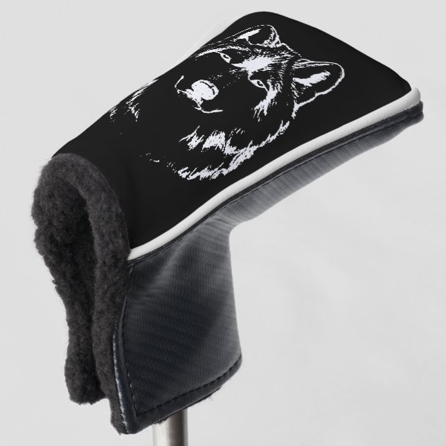 Funky Black and White Wolf Face Kopfskizze Golf Headcover (3/4 Vorderseite)