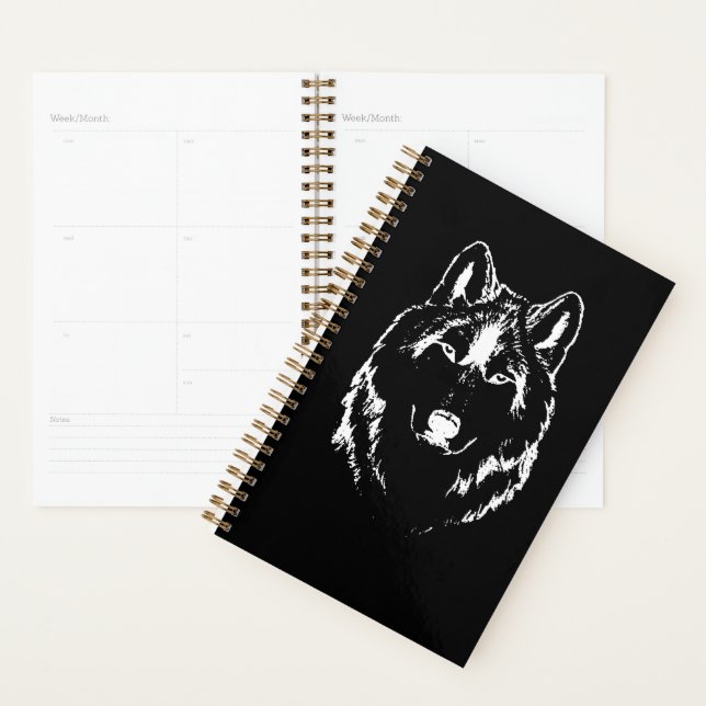 Funky Black and White Wolf Face Kopfskizze Planer (Anzeige)
