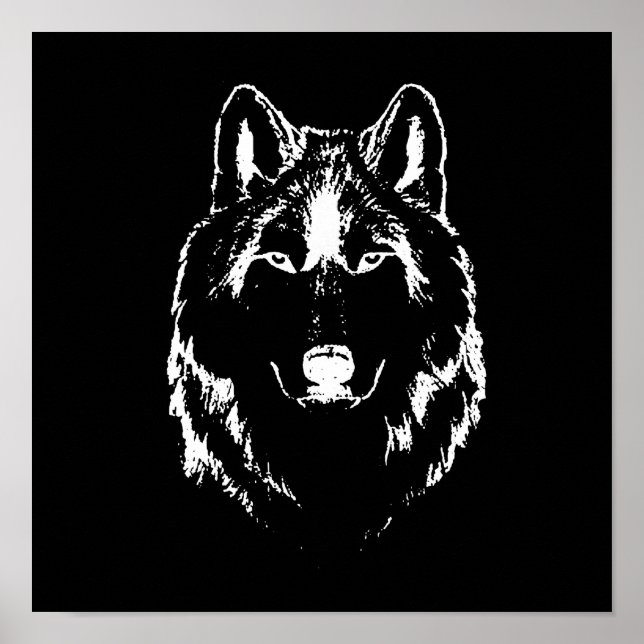 Funky Black and White Wolf Face Kopfskizze Poster (Vorne)