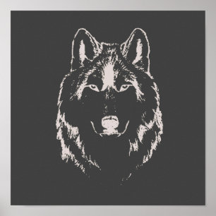 Funky Black and White Wolf Face Kopfskizze Poster