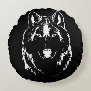 Funky Black and White Wolf Face Kopfskizze Rundes Kissen