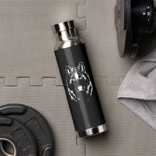 Funky Black and White Wolf Face Kopfskizze Trinkflasche