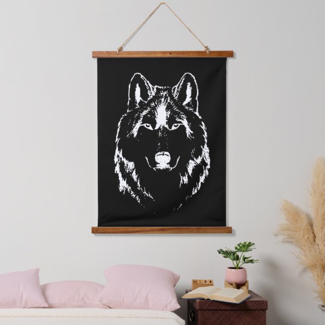 Funky Black and White Wolf Face Kopfskizze Wandteppich Mit Holzrahmen (Schlafzimmer)