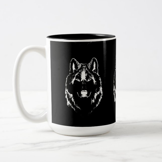 Funky Black and White Wolf Face Kopfskizze Zweifarbige Tasse (Links)