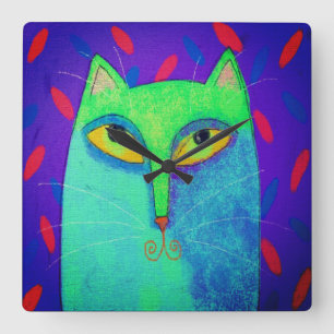 Funky blaue Katzen-abstrakte Kunst Quadratische Wanduhr