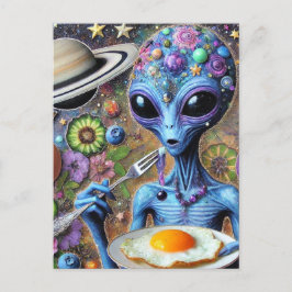Funky Blue Alien Eating Fried Eggs Postkarte