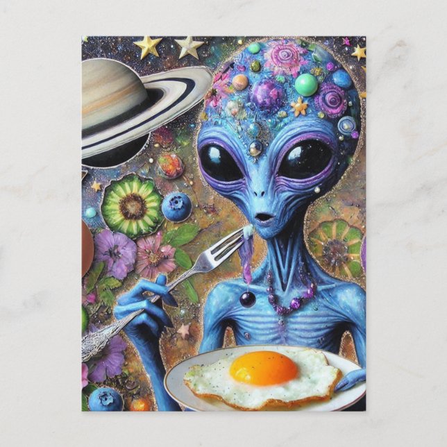 Funky Blue Alien Eating Fried Eggs Postkarte (Vorderseite)